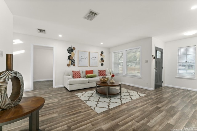 living room with a healthy amount of sunlight and dark hardwood / wood-style floors