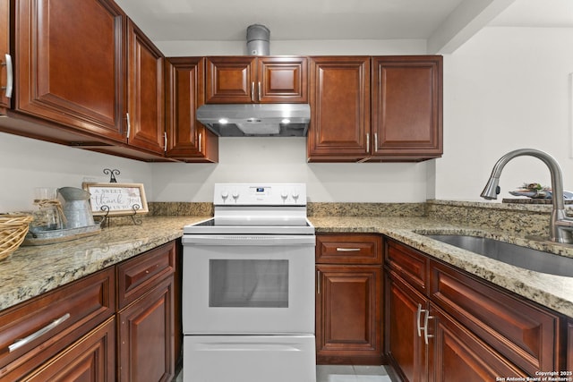 kitchen with sink, white electric stove, and light stone countertops