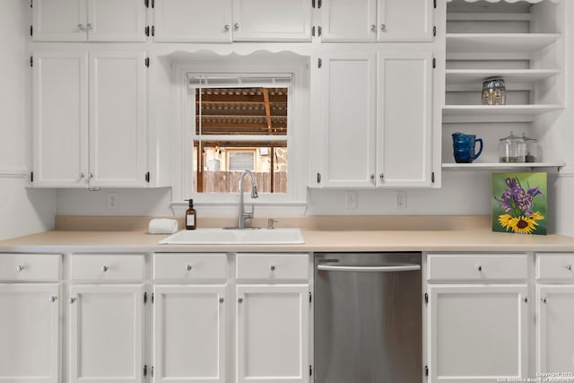 kitchen featuring white cabinetry, stainless steel dishwasher, and sink