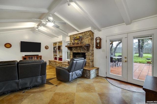 living room featuring ceiling fan, vaulted ceiling with beams, a fireplace, and french doors