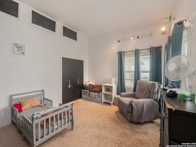 bedroom with light colored carpet