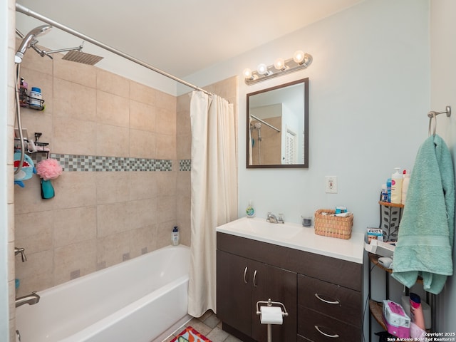 bathroom with vanity, shower / bath combination with curtain, and tile patterned floors