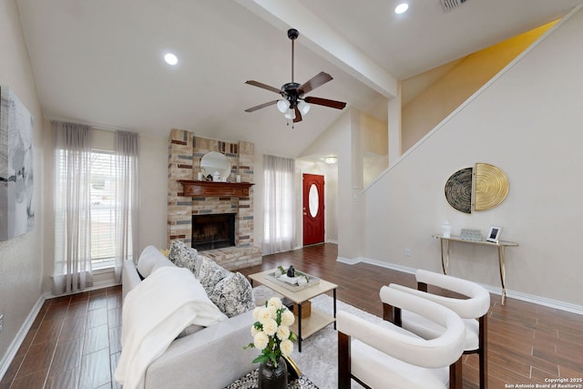 living room with a fireplace, lofted ceiling with beams, dark hardwood / wood-style floors, and ceiling fan