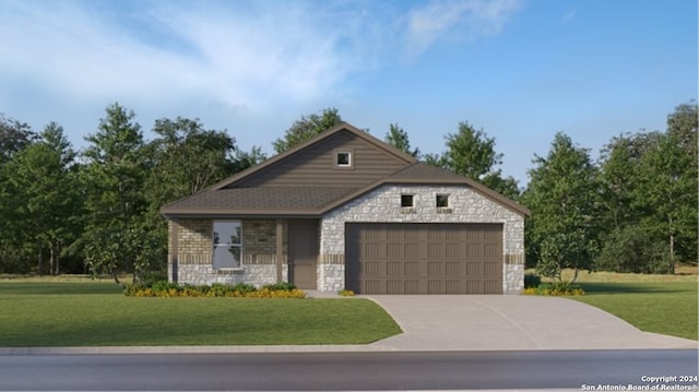 view of front of property with a garage, covered porch, and a front yard