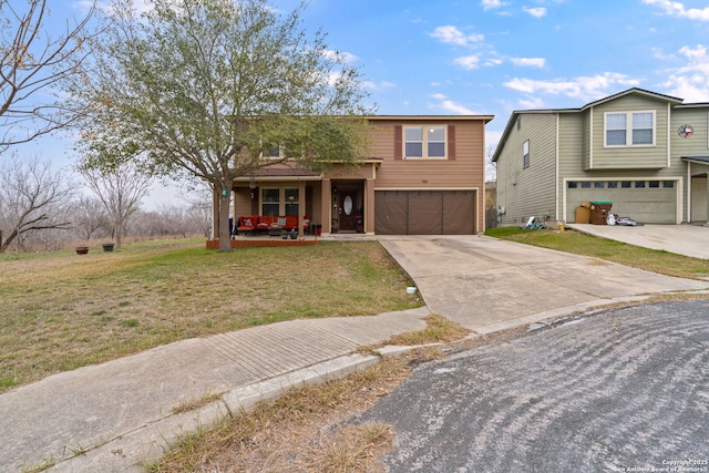 view of front of property with a garage, a porch, and a front yard