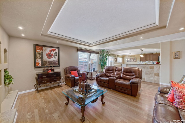 living room with a raised ceiling, a textured ceiling, and light wood-type flooring