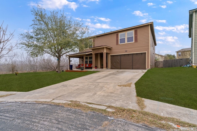 view of front of home with a garage, a porch, and a front yard