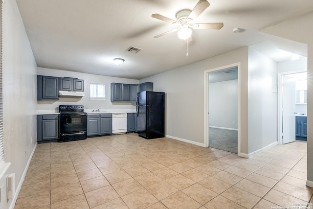 kitchen featuring light tile patterned flooring, ceiling fan, and black appliances