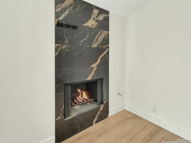 details with wood-type flooring and a premium fireplace