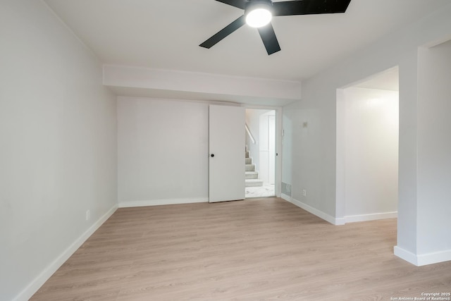 spare room featuring ceiling fan and light wood-type flooring