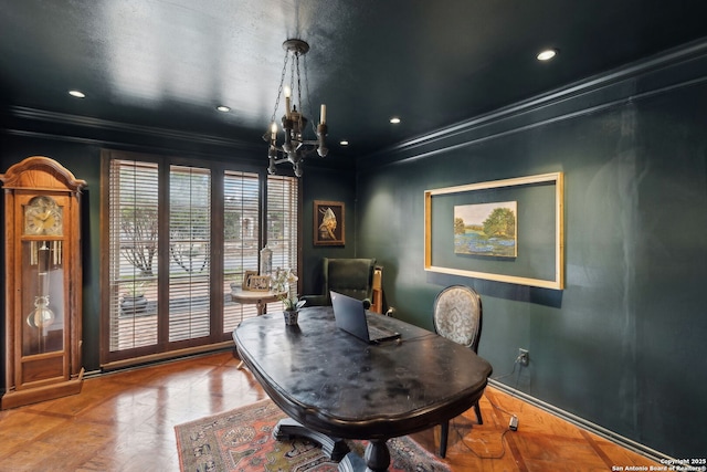 dining space featuring crown molding and parquet flooring