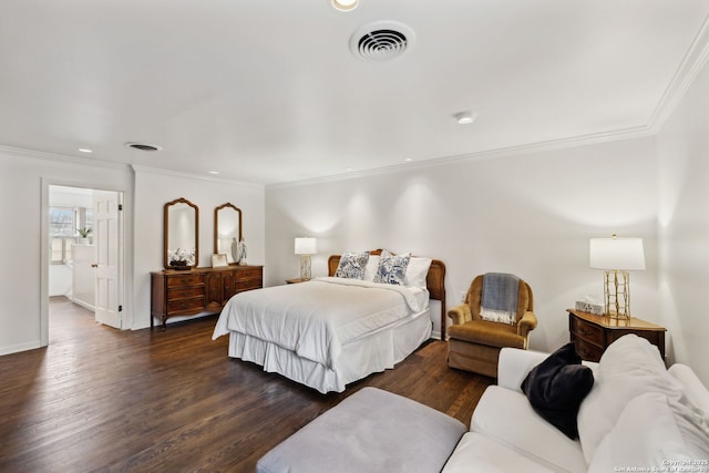 bedroom featuring dark wood-type flooring and crown molding