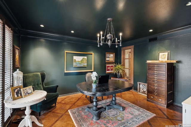 office with crown molding, parquet floors, and an inviting chandelier