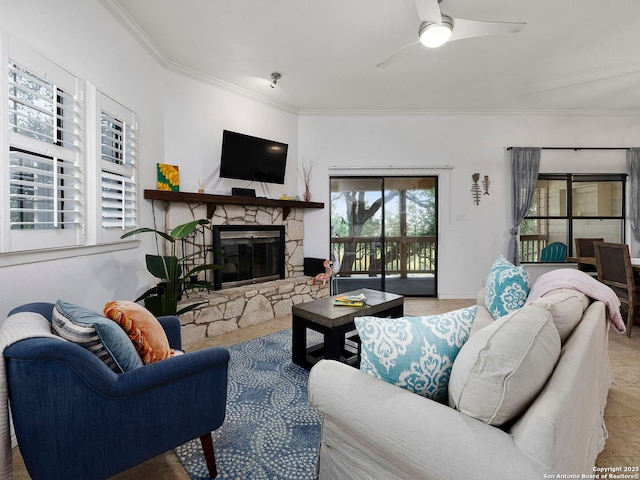 1048 Parkview Dr, Canyon Lake, TX 78133 - living room with a stone fireplace, ornamental molding, and ceiling fan