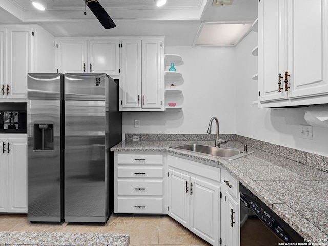 1048 Parkview Dr, Canyon Lake, TX 78133 - kitchen with white cabinetry, stainless steel fridge with ice dispenser, sink, and black dishwasher