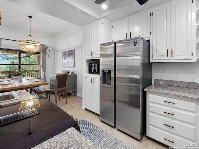 1048 Parkview Dr, Canyon Lake, TX 78133 - kitchen with white cabinetry, hanging light fixtures, a notable chandelier, stainless steel fridge with ice dispenser, and crown molding