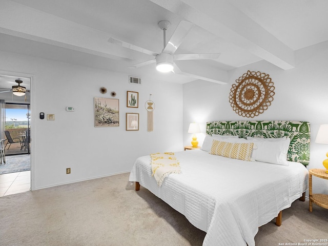 1048 Parkview Dr, Canyon Lake, TX 78133 - bedroom with ceiling fan, beam ceiling, and light carpet