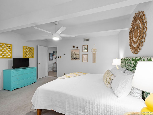 1048 Parkview Dr, Canyon Lake, TX 78133 - carpeted bedroom with beam ceiling and ceiling fan