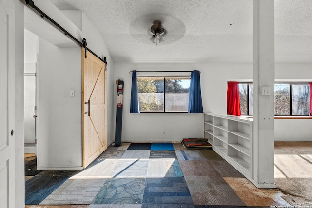 foyer featuring plenty of natural light, a barn door, and a textured ceiling