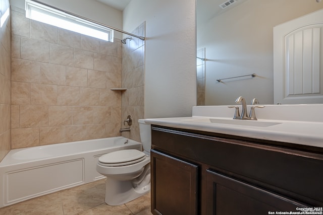 full bathroom featuring visible vents, toilet, tile patterned floors,  shower combination, and vanity