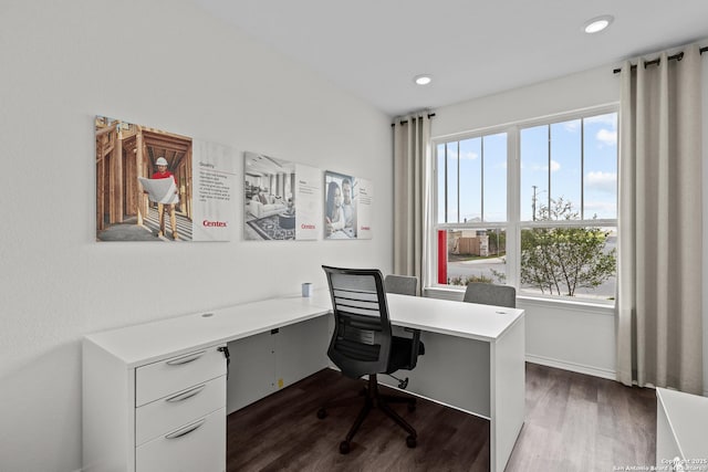 office space with dark wood-type flooring and built in desk
