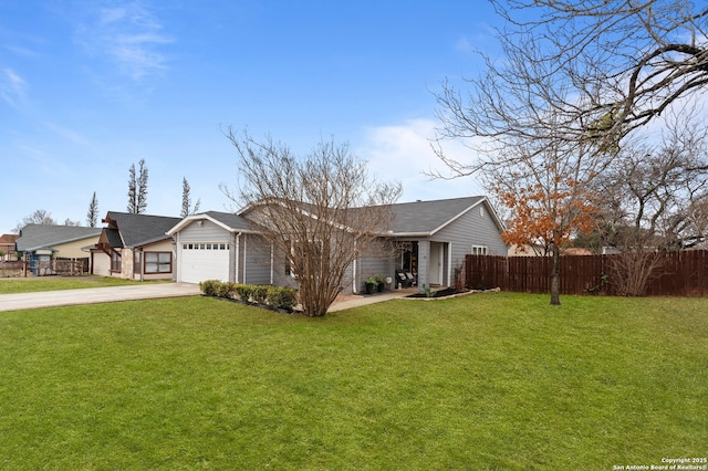 ranch-style home with a garage and a front yard