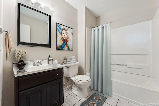 full bathroom with tile patterned flooring, vanity, toilet, and shower / bath combo with shower curtain