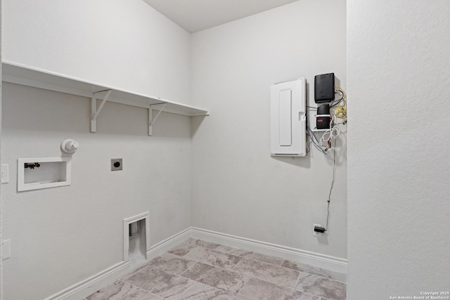 washroom with electric panel, hookup for a gas dryer, hookup for a washing machine, and electric dryer hookup