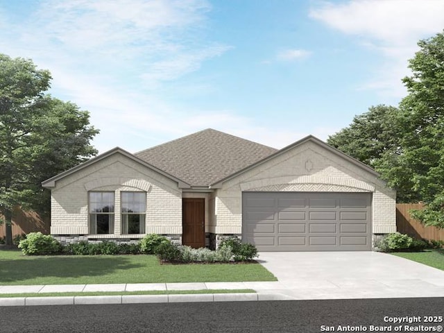 single story home with brick siding, a front lawn, fence, concrete driveway, and an attached garage