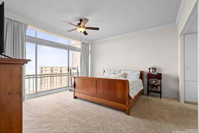 carpeted bedroom with access to exterior, crown molding, floor to ceiling windows, and ceiling fan