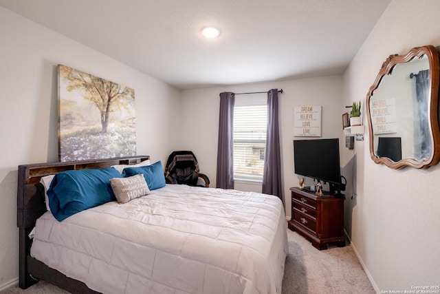 bedroom with light carpet