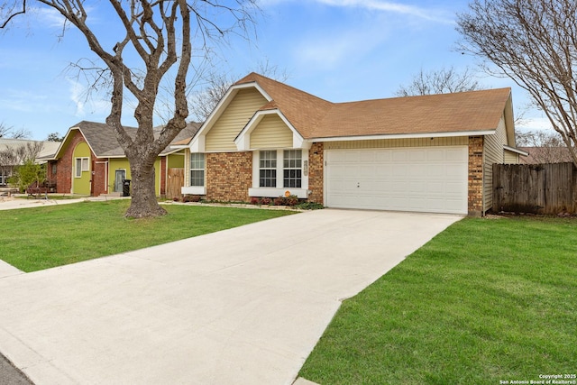 ranch-style house featuring a garage and a front lawn