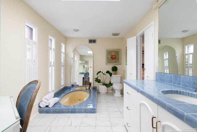 bathroom featuring vanity, toilet, and a bath