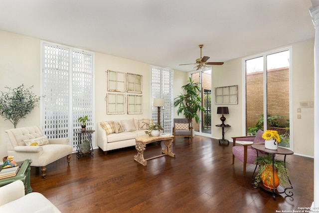 living area with dark hardwood / wood-style flooring, a wealth of natural light, and a wall of windows