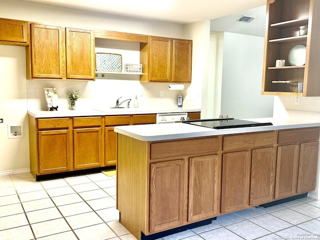 kitchen with light tile patterned floors, sink, dishwasher, black electric stovetop, and kitchen peninsula