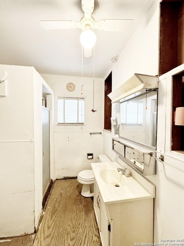 bathroom with vanity, ceiling fan, and toilet