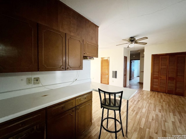 kitchen with a breakfast bar area, light hardwood / wood-style floors, and ceiling fan