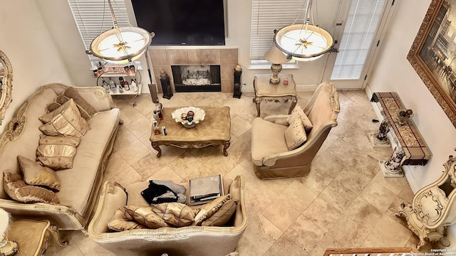 living room featuring a fireplace