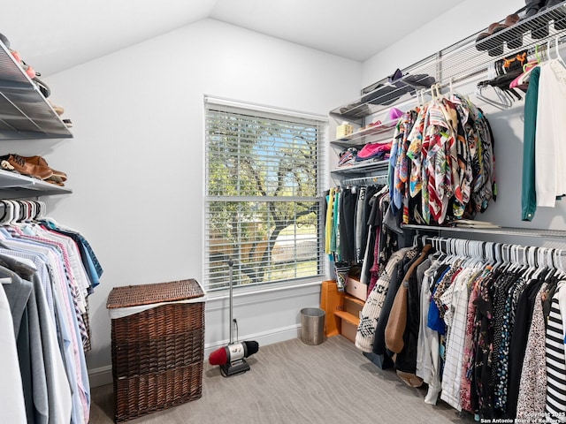 spacious closet featuring vaulted ceiling and carpet flooring