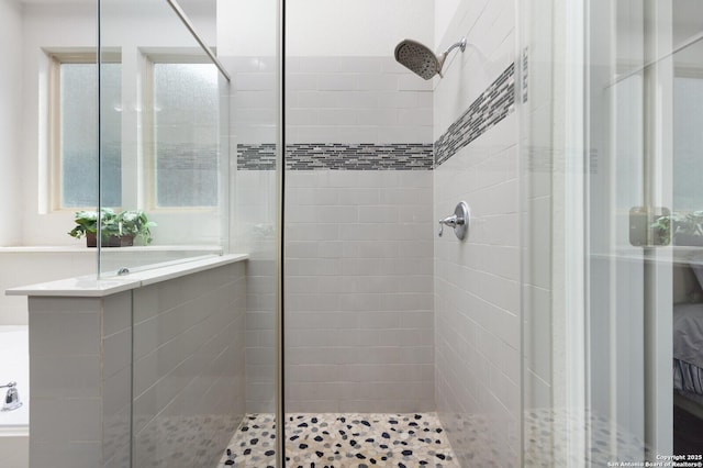 bathroom featuring a shower with shower door