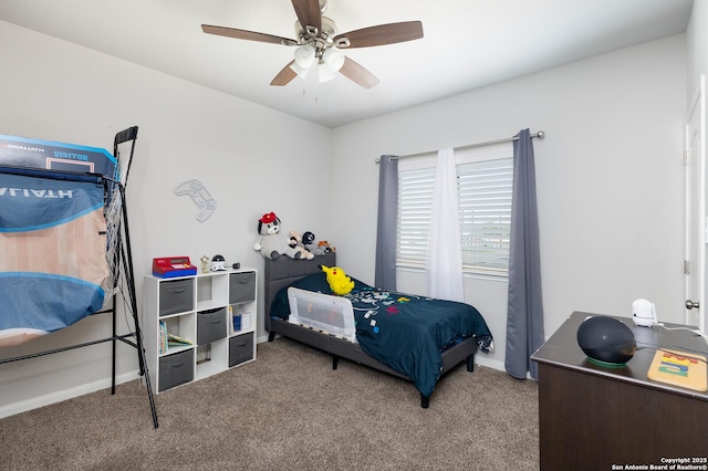 bedroom featuring carpet floors and ceiling fan