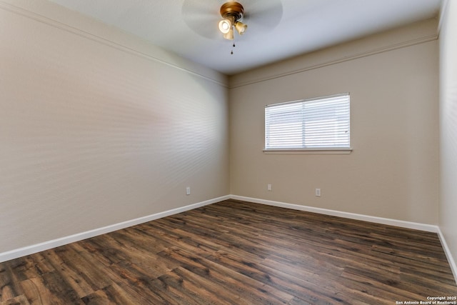 unfurnished room featuring ceiling fan and dark wood-type flooring