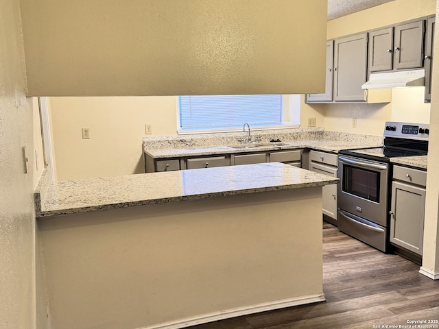 kitchen with kitchen peninsula, gray cabinets, sink, and stainless steel electric range