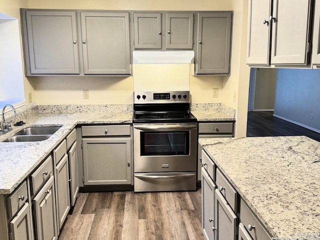 kitchen featuring gray cabinets, sink, and stainless steel electric range