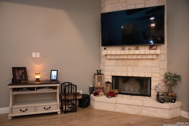 living room featuring wood-type flooring and a fireplace