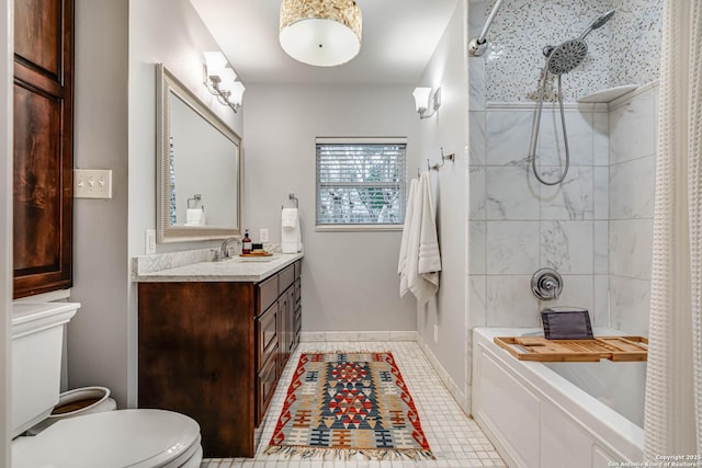 full bathroom with tile patterned flooring, vanity, plus walk in shower, and toilet