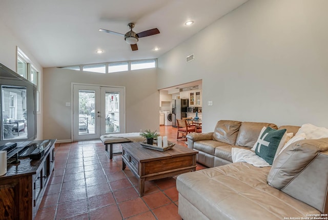 living room with high vaulted ceiling, french doors, and ceiling fan