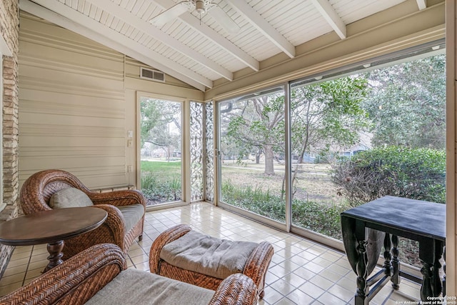 sunroom with wood ceiling, ceiling fan, and lofted ceiling with beams