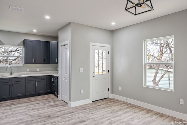 kitchen featuring sink, light hardwood / wood-style flooring, and a healthy amount of sunlight