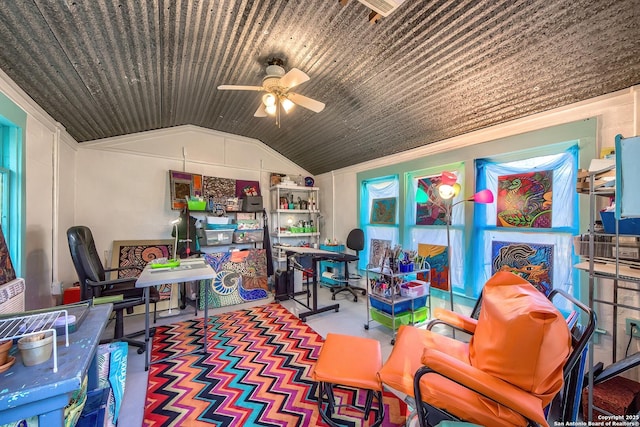 recreation room with lofted ceiling and ceiling fan